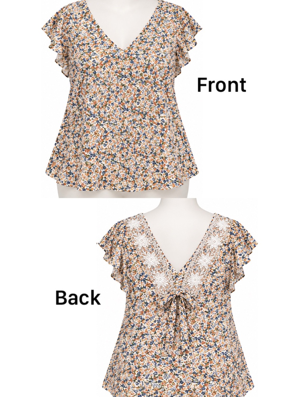 SHEIN Frenchy Blue & Tan Floral V-Neck Ruffle Sleeve Top with Lace Back